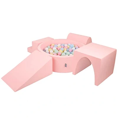 Image of KiddyMoon Foam Playground For Kids With Round Ballpit (300 Balls ∅ 7Cm/2.75In) Soft Obstacles Course And Ball Pool, Made In EU, Pink:Pastel Blue/Pastel Yellow/White/Mint/Light Pink