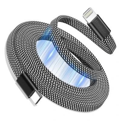 Image of Magtame Magnetic USB C to Lightning Cable for iPhone 3.3FT, Coiled Charger Fast Charging MFi Certified, Flat Retractable Cord Braided Compatible with 14 13 12 11 Pro Max XR XS X