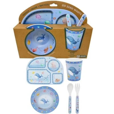 Image of Childrens Dinner Set 4 Piece Bowl, Fork, Spoon, Plate and Cup Made from Recycled Materials HTUK (Sea Life)