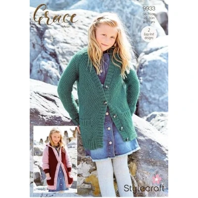Image of Stylecraft Grace Aran Knitting Pattern 9933 Children&#039;s Long Cardigan &amp; Hooded Jacket