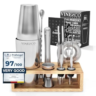 Image of Cocktail Shaker Set Boston + Recipes Book Premium Stainless Steel Bar Kit: Strainer, Double Jigger, Mixing Spoon Pro Bartender Making Drinks Mojito Martini Gin Maker Party Gift Box Women Men