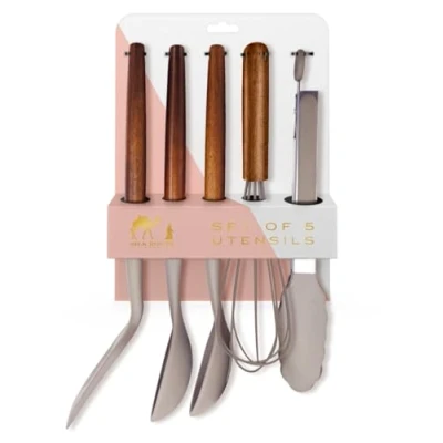 Image of Silk Route Home Set 5 Kitchen Utensils Acacia Wood &amp; Grey Silicone; Tongs, Whisk, Slotted Spoon, Spoon Turner