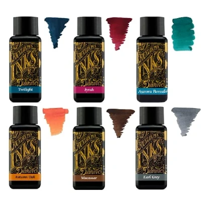 Image of Diamine 30ml Fountain Pen Ink Colour Wheel 6 x Bottles Autumn Oak, Syrah, Macassar, Earl Grey, Aurora Borealis, Twilight