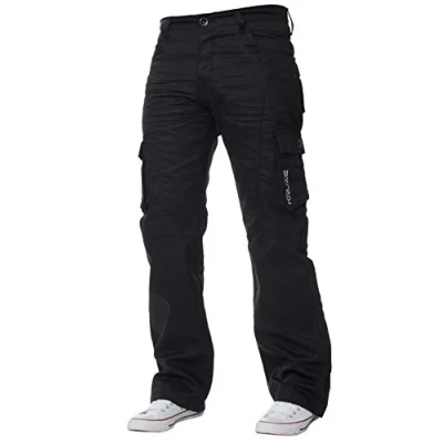 Image of Kruze Mens Coated Combat Cargo Denim Black Darkwash Jeans Pants Trousers Big Sizes 32 W X 32L