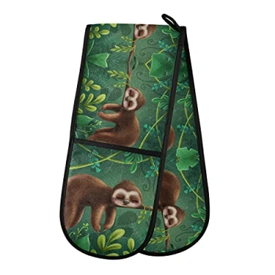Image of PUXUQU Oven Gloves Double Mitts Gloves, Tropical Animal Funny Sloth Heat Resistant for Baking BBQ Kitchen Cooking