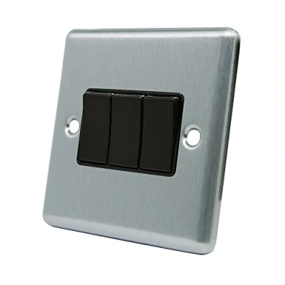 Image of AET CSC3GSWIBL Satin Chrome Classical Black Insert Plastic Rocker Switches 10 Amp Triple 3 Gang 2 Way Light Switch, 240 V