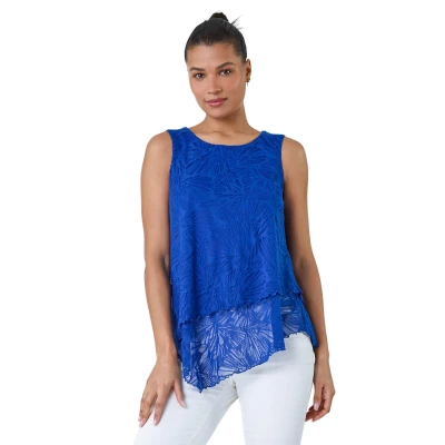 Image of Roman Originals Burnout Swirl Print Asymmetric Top for Women UK Ladies Everyday Holiday Spring Summer Round Neckline Comfy Soft Evening Vacation Work Party Royal Blue Size 12