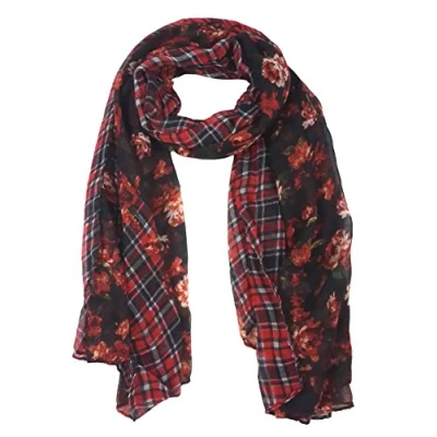 Image of Lina &amp; Lily Floral Design Print Women&#039;s Scarf Shawl Lightweight (Plaid Black, Orange)