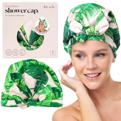Image of Kitsch Luxury Shower Cap for Women Waterproof Reusable Cap, Hair Shower, Caps Long Hair, Non Slip Cute One Size, Chic Bonnet Palm Leaves