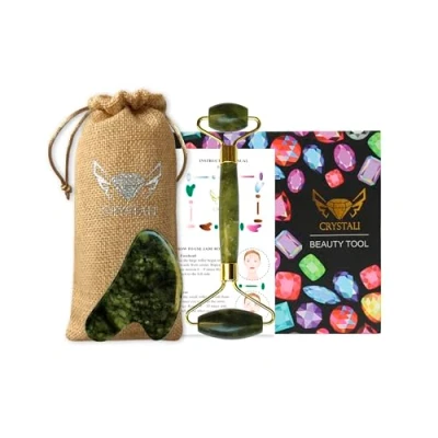 Image of Crystali Gua Sha Set Anti Ageing Face Massage Roller and Scraper Healthy, Beautiful, Young Skin Jade from South China