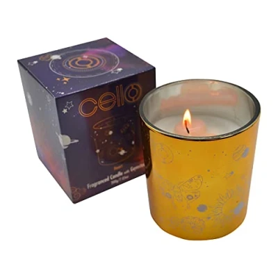 Image of Cello Celestial Scented Candle with Rose Quartz Gemstones. A Stunning Metallic Gold Pink Crystals. The Ideal Candles, Suitable Candles for Men and Gifts Women