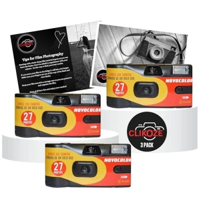 Image of Disposable Camera Bundle with Novocolor APM401010 Single Use Film Cameras 27 Exposures x3 and Clikoze Photography Tips Card