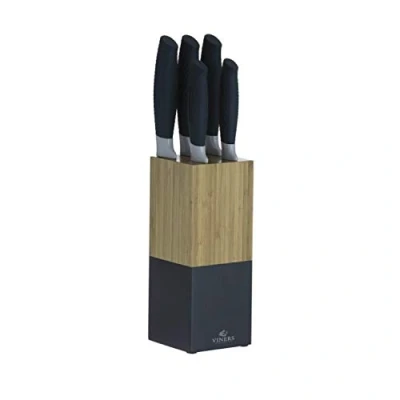 Image of Viners Horizon Knife Block Set of 6 Piece, 5 Kitchen Knives and Bamboo Holder, Chef, Santoku, Carving, Utility Paring Knives, Indigo, Stainless Steel, 0305.194
