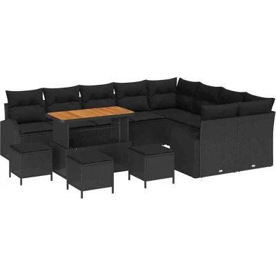 Image of vidaXL 13 Piece Garden Sofa Set with Cushions Black Poly Rattan Acacia