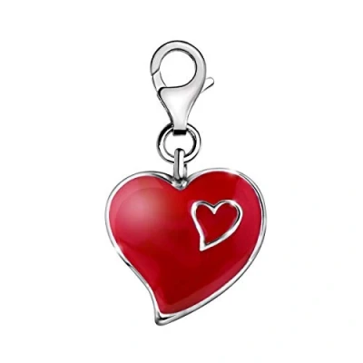 Image of Quiges Red Enamel 2 Hearts Clip On Charm Pendant Silver Plated Women&#039;s Jewellery