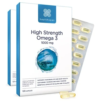 Image of Healthspan High Strength Omega 3 1,000mg (240 Capsules) Supports Brain, Eye &amp; Heart Health 120mg DHA 170mg EPA Per Capsule Highly Purified to Remove Toxins Sustainably Sourced Fish Oil