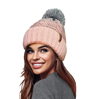 Image of RockJock STORMACTIVE 100% Waterproof Ladies Unisex Chunky Ombre Warm Winter Teddy Fleece Lined Knitted Pompom Beanie Hat Pink/Grey