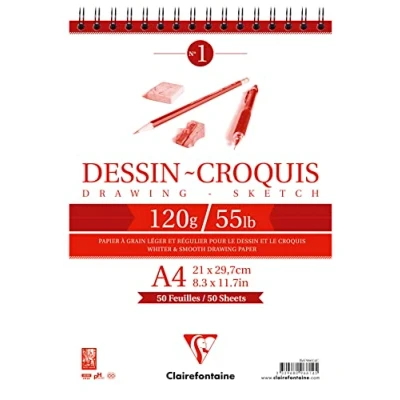 Image of Clairefontaine 96614C Spiral Pad Header Sketch Drawing Paper 50 Sheets Very Light Grain A4 21 x 29.7 cm 120g Pack of 5 pads