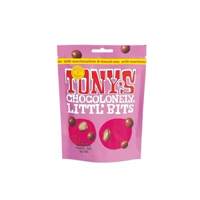 Image of Tony&#039;s Chocolonely Littl’ Bits Chocolate Mix Balls Mini Milk Marshmallow Biscuit Chocolates in Sharing Pouch 100g