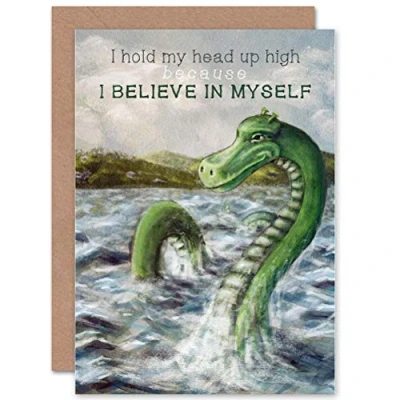 Image of Wee Blue Coo TYPOGRAPH PAINTING NESSIE MOTIVATION BELIEVE SCOTLAND ART GREETING CARD
