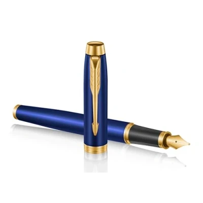 Image of Parker IM Premium Limited Edition Fountain Pen Lustrous Blue Lacquer with Gold Trims Fine Nib Black Ink Gift Boxed