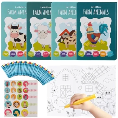 Image of THE TWIDDLERS 12 Colouring Books for Kids, A5 Size Farm Animal Designs with 48 Crayons &amp; Sticker Sheets, Birthday Party Favours, Classroom Activity, Age 4 8, Mini Bags