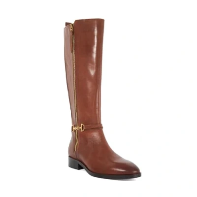 Image of Dune Ladies Taylyn Riding Boots with Signature Buckle Detail Size UK 5 Flat Heel Knee High Tan
