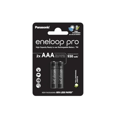 Image of eneloop Pro, AAA/Micro, Rechargeable Battery, Pack of 2, Capacity 930 mAh, Ready to Use Ni MH Batteries, 500 Recharge Cycles, Plastic Free Packaging, Black
