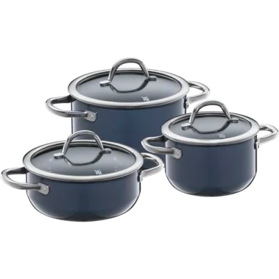 Image of WMF Fusiontec Inspire Induction 3 Piece Saucepan Set with Glass Lid, Pots Set, High Tech Ceramic, Scratch Resistant, Uncoated, Dark Blue