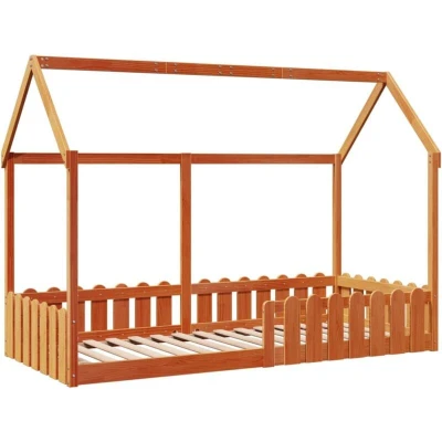 Image of vidaXL Kids&#039; House Bed Frame 90x200 cm Solid Pine Wood with Safety Rails, Under Storage, and DIY Open Roof Wax Brown