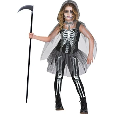Image of amscan (PKT) (9903435) Child Girls Skeleton Reaper Costume (8 10yr)