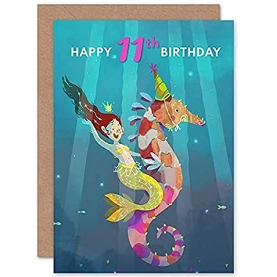 Image of Wee Blue Coo Mermaid Seahorse Birthday 11th Greetings Card