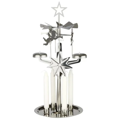 Image of BRUBAKER Metal Chimes Carousel Candle Holder with Angels incl. 4 Candles Rotating Table Pyramid for Christmas Silver