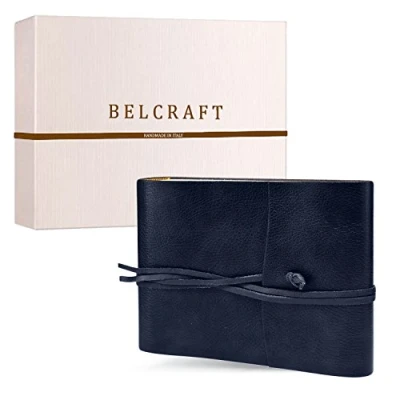 Image of BELCRAFT Tivoli Medium Recycled Leather Bound Photo Album, MADE IN ITALY, Memory Scrapbook, Picture Album 6x4, Gift Idea &amp; for Family, Including BOX, A5 (16x21 cm) Navy