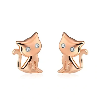 Image of Belons Cat Earrings Girls 925 Sterling Silver Cubic Zirconia Stud for Women Kids, Rose Gold
