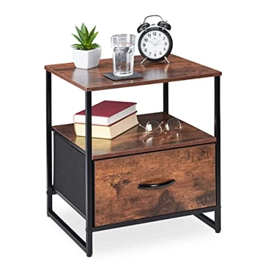 Image of Relaxdays Night Stand, Side Table, Drawer, H x W D: approx. 50 45 40 cm, Metal &amp; MDF, Black/Brown, 60% fibreboard 30% iron 10% wood