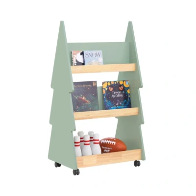 Image of Tree Shaped 3 Tiers Children Bookcase Bookshelf Storage Shelf on Wheels,KMB99 H GR Sobuy