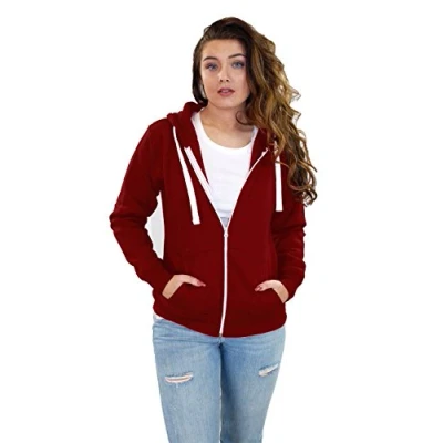 Image of True Face Ladies Hoodie Zip Up Plain Womens Sweatshirt Fleece Full Zipper Hooded Long Sleeve Zipped Top Wine Medium