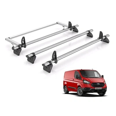 Image of Rhino Roof Rack for Ford Transit Custom (2013 2024 GEN1) [Only Fits Standard Roof] 3 Bars &amp; Rear Ladder Roller + Loadstops KR26/TB3FL/KLS2
