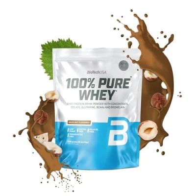 Image of BioTechUSA 100% Pure Whey Protein Powder with BCAA and Glutamine Gluten Free, Palm Oil Free 21g per Serving, 1 kg, Hazelnut