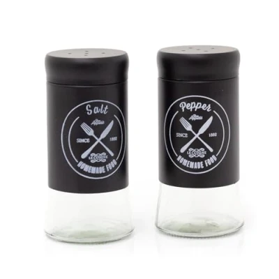 Image of Vintage Style Glass Salt &amp; Pepper Set Retro and Pots Shakers 2 Piece Black Cruet