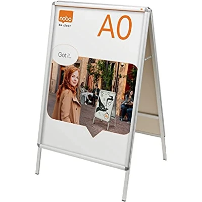 Image of Nobo A0 A Board Sign Holder With Snap Frame, Free Standing, Double Sided, Aluminium Trim, Anti Glare Protective Cover, Premium Plus, Silver, 1902204