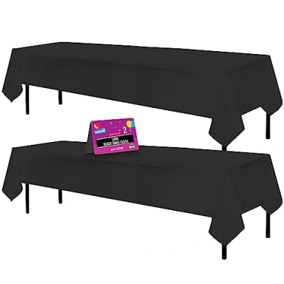 Image of 2pk Long Black Table Cloth Party 274 x 137cm Plastic Cover Disposable Tablecloths for Parties Tablecloth