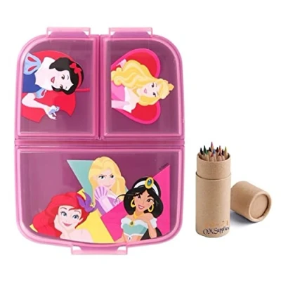 Image of OM SUPPLIES Princess Reusable Sandwich Lunch Box 3 Multi Compartment Kids Children School Includes Half Size 12pcs Pencil Set (Princess)