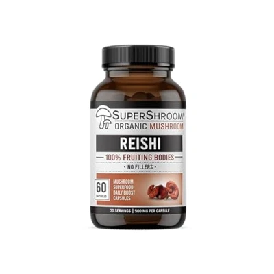 Image of Organic Reishi SuperShroom Supplements Full Spectrum Mushroom Powder 100% Fruiting Bodies 60 Capsules No Fillers