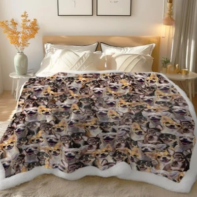 Image of BlessLiving Fuzzy Dogs Blanket For Kids Adults Cute Puppy Fleece Reversible Animal Pattern Sherpa Throw Twin/Double (Chihuahueño,150x200cm)