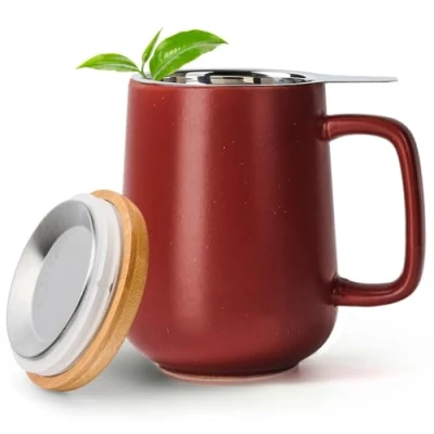 Image of Happy Lemuro Tea Mug with Infuser and Lid 17 oz Ceramic Loose Leaf Steeper Steeping Cup Large Handle