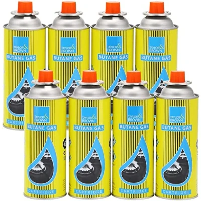 Image of Greenfields Butane Gas Bottles Canister Camping Heater Cooker BBQ Compact and Resealable CP 250 Valve Cartridge, for Bistro Outdoors Stoves (8 Bottles)