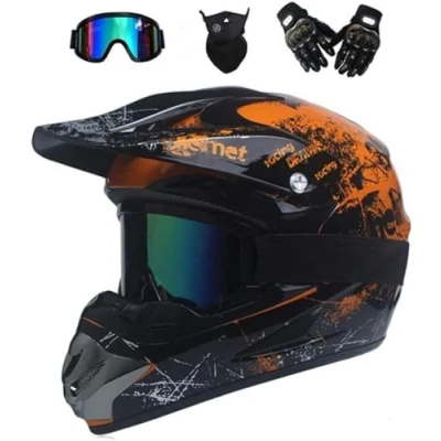 Image of Motocross Helmet, Motorcycle Cross Helmet with Gloves Mask Goggles, Youth Kids Dirt Bike Helmets, Full Face Off Road Crash Helmet(Orange,M(54 55cm))