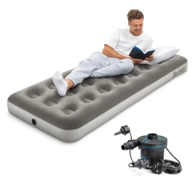 Image of Bestway Premium Camping Single Airbed with Handheld Electric Pump, Flocked Inflatable Bed Portable, Air Mattress, Outdoor